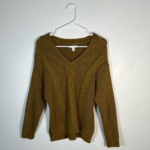 Sonoma Olive V-Neck Cable Knit Sweater Cozy Fall Must-Have Size M